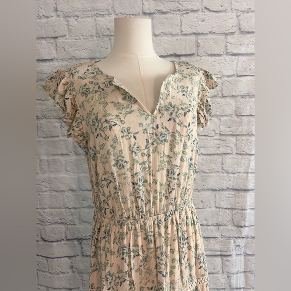 Lucky Brand Maxi Dress Soft Cream Blue Floral Flutter Sleeves Crochet Boho - Picture 4 of 12